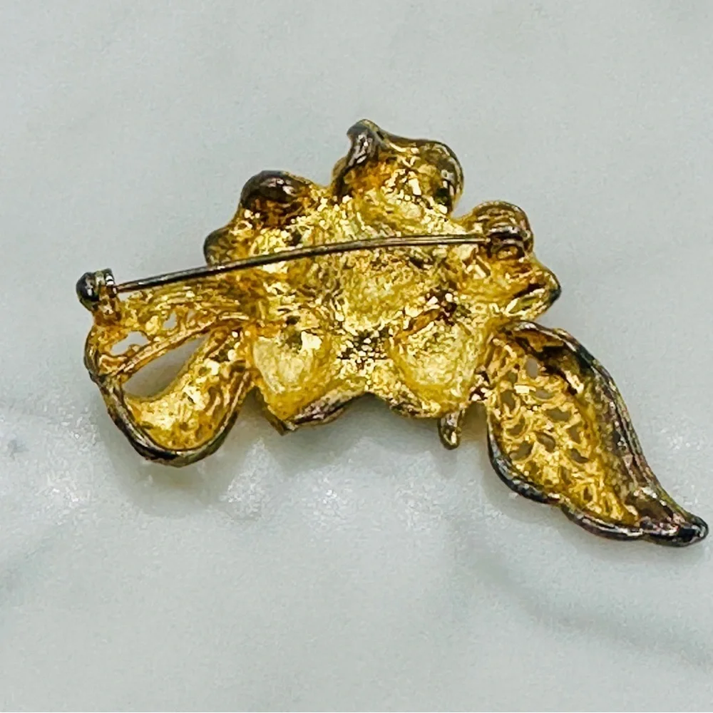 Flower Brooch Pin Gold Tone and Gunmetal Burnished Finish Ribbon Bow Romantic